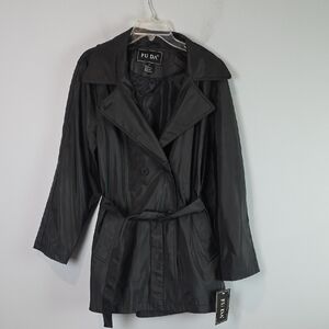FU DA Black Double-Breasted Rain Jacket womens size Large